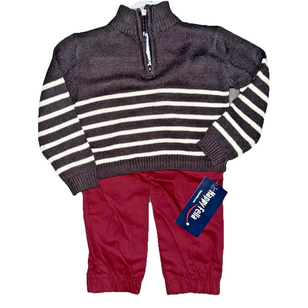 Happy Fella Baby Boy 2-Pc Outfit Set 12M Striped Sweater Burgundy Pants NWT